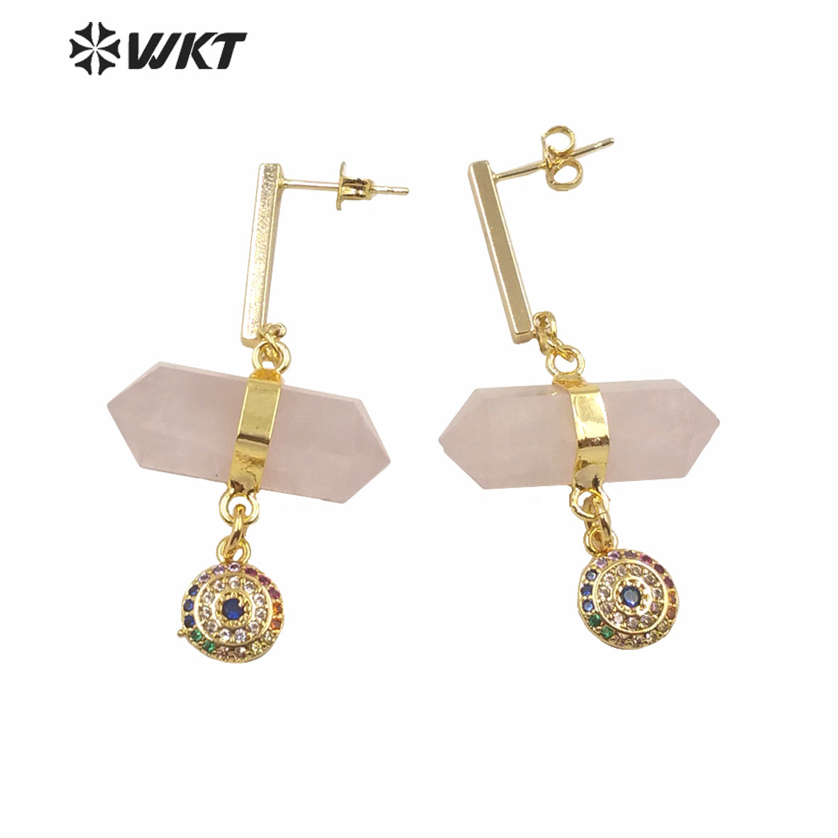 WT-E632 Fashion Double Point Crystal Quartz Bullet Shape Stone Earrings Round Eye Charm Earrings Lady Spirit Quartz Earring