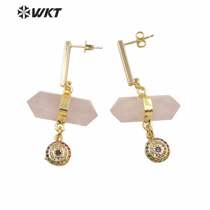 WT-E632 Fashion Double Point Crystal Quartz Bullet Shape Stone Earrings Round Eye Charm Earrings Lady Spirit Quartz Earring