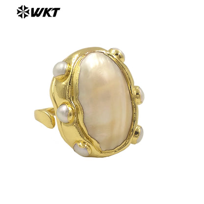 WT-MPR113 Wholesale18K Gold Plated Oval Adjustable Pink and White Pearl Combination Large Mabe Shell Ring As Anniversary Gift