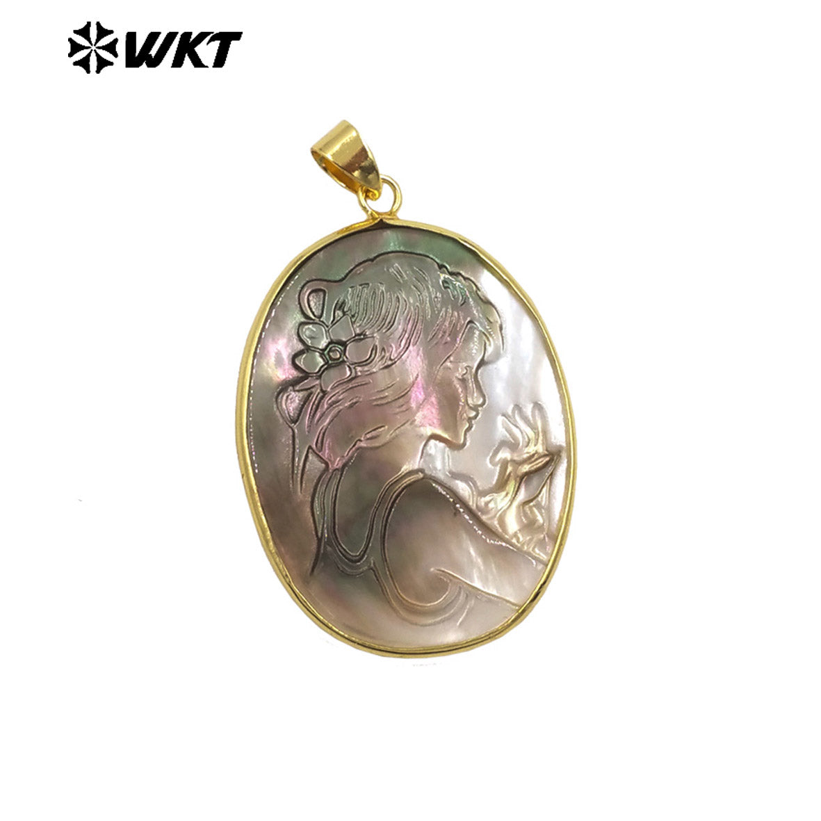 WT-JP426 High Quality Natural Shell Gold Plated Hand Carved Lady Head Pattern Pendant Women Vintage Style Accessories