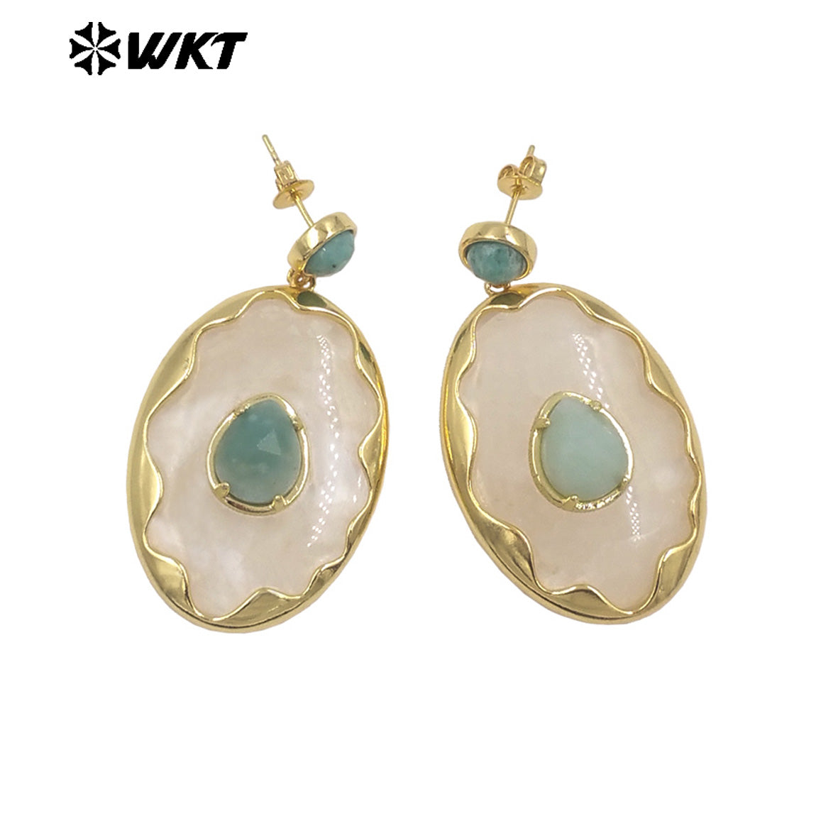 WT-E801 Gorgeous Romantic Style Gold Plated Various Natural Gemstones Big Pendant Earrings For Women Wedding Wearing Jewelry