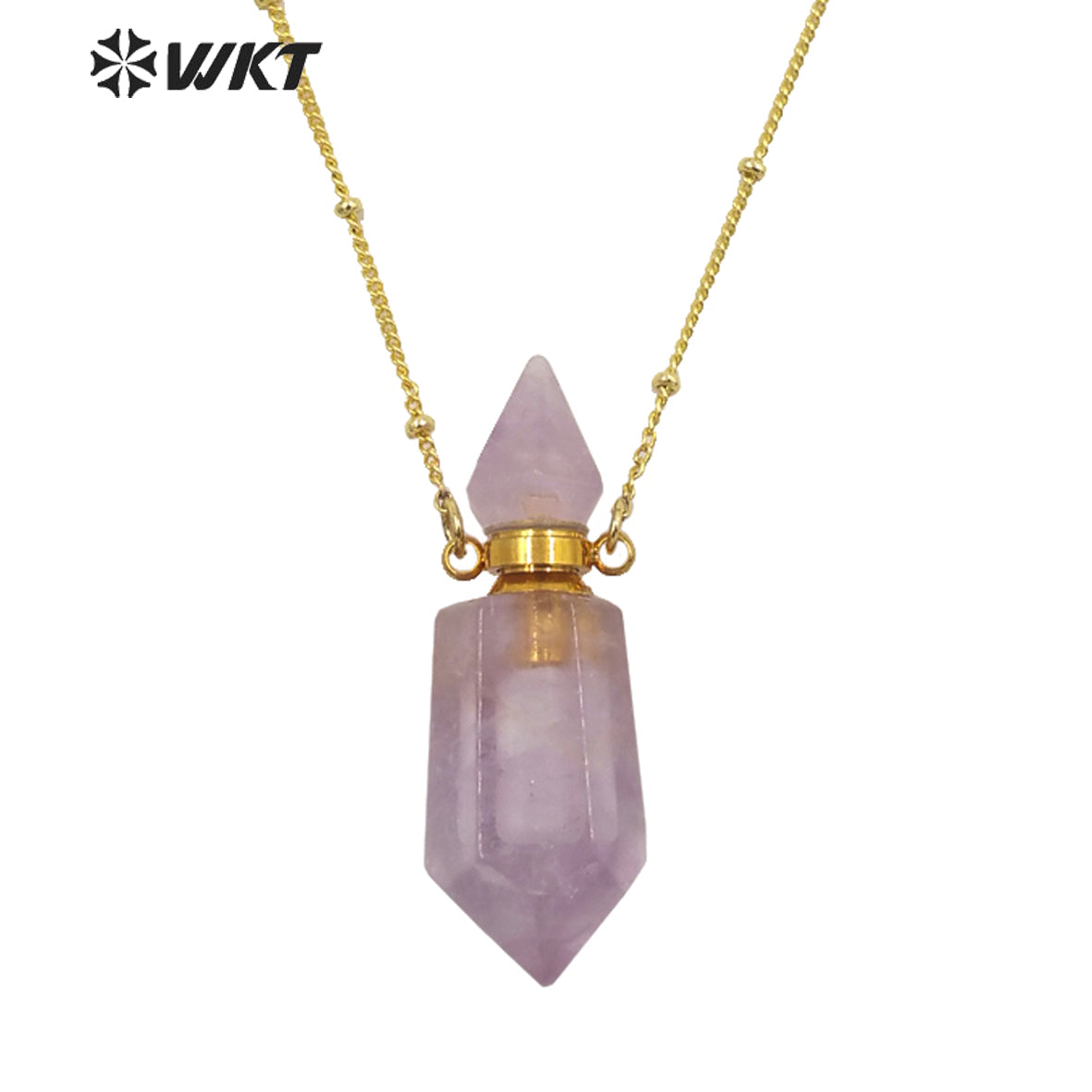 WT-N1284 Fashion Gold Plated Double Loops Natural Spirit Quartz Point Stone Perfume Bottle Necklace or Essencial Oil Necklace