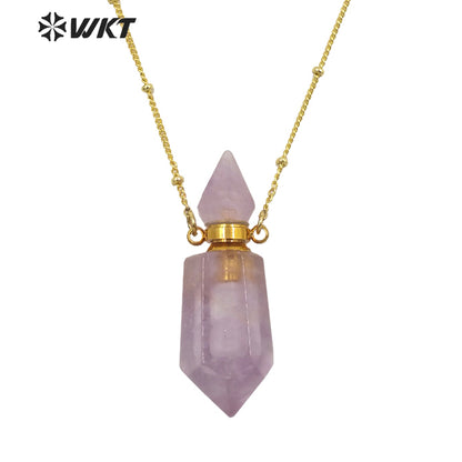 WT-N1284 Fashion Gold Plated Double Loops Natural Spirit Quartz Point Stone Perfume Bottle Necklace or Essencial Oil Necklace
