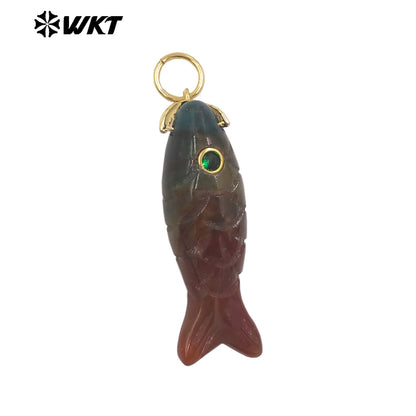 WT-P2069 Cute Design Zircon And Natural Gemstones Hand Carved Fish Shape Little Pendants For Lady Jewelry DIY Accessory