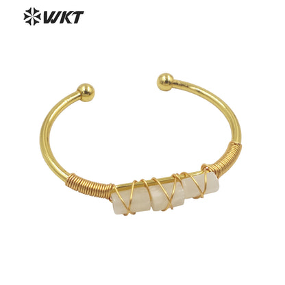 WT-B615 Wholesale New Women Handmade Wire Wrapped Natural Gemstone Cuff Bangle in Open Size Boho Stone Bangle for Friends