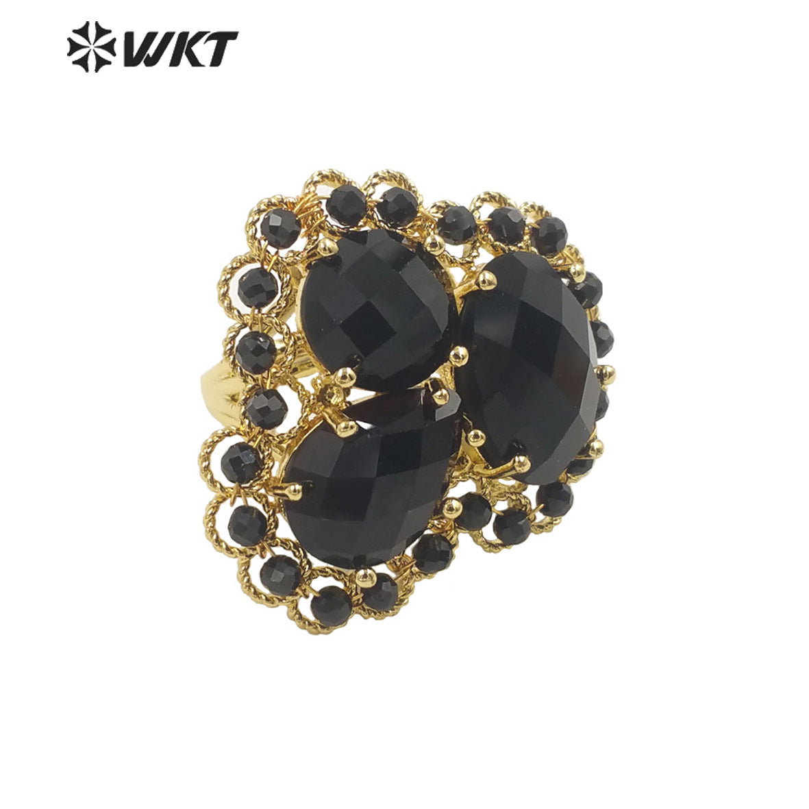 WT-R452 Newest Gold Bezel Natural Gemstone Cocktail Ring Big Exaggerated Luxury Gold Plated Women Triple Stone Ring