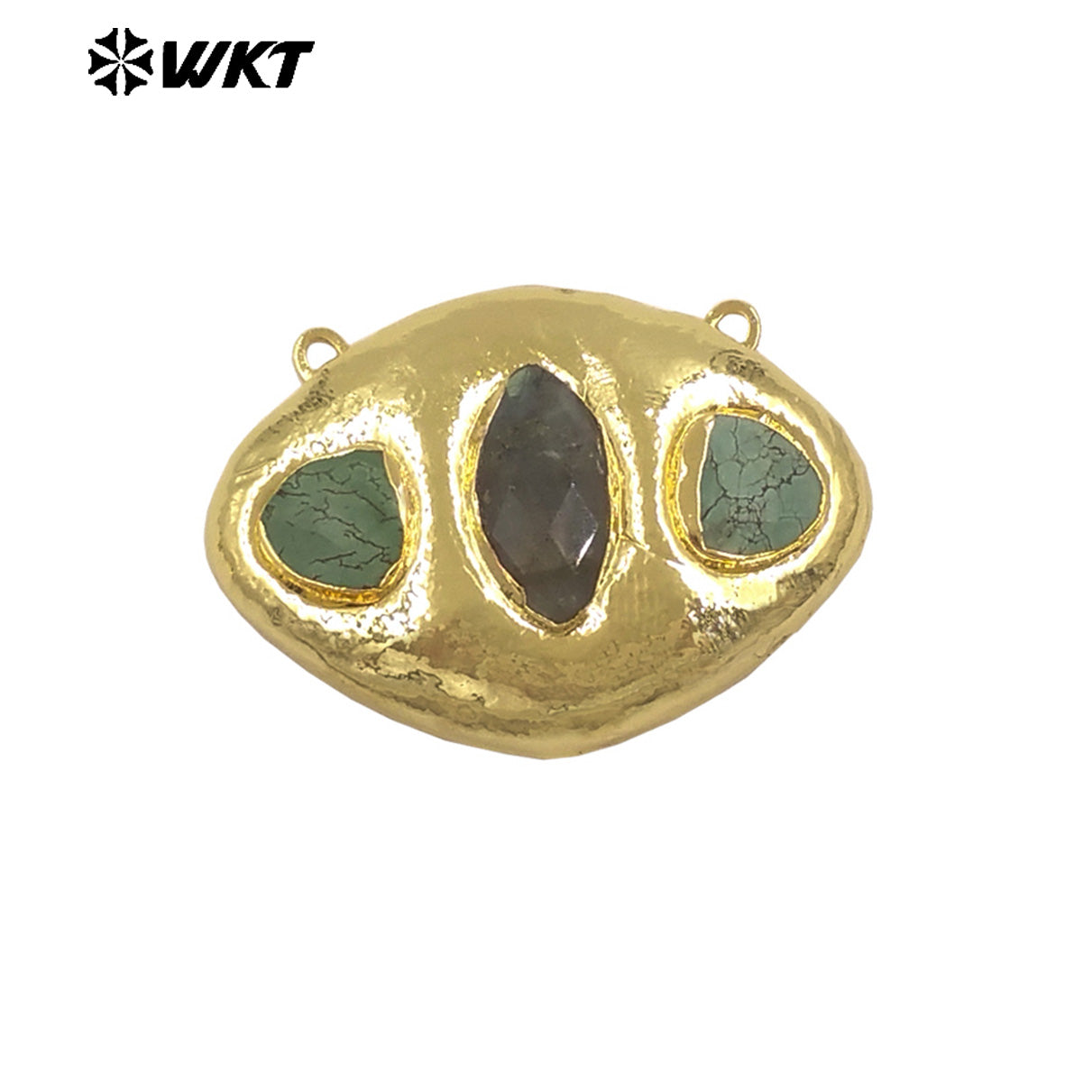 WT-C338 Wholesale Gold Electroplated Three Natural Gemstones Oval Charms Connectors With Double Hoops For Bracelets DIY Design