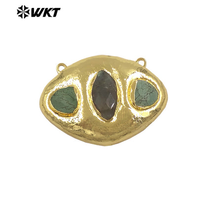 WT-C338 Wholesale Gold Electroplated Three Natural Gemstones Oval Charms Connectors With Double Hoops For Bracelets DIY Design