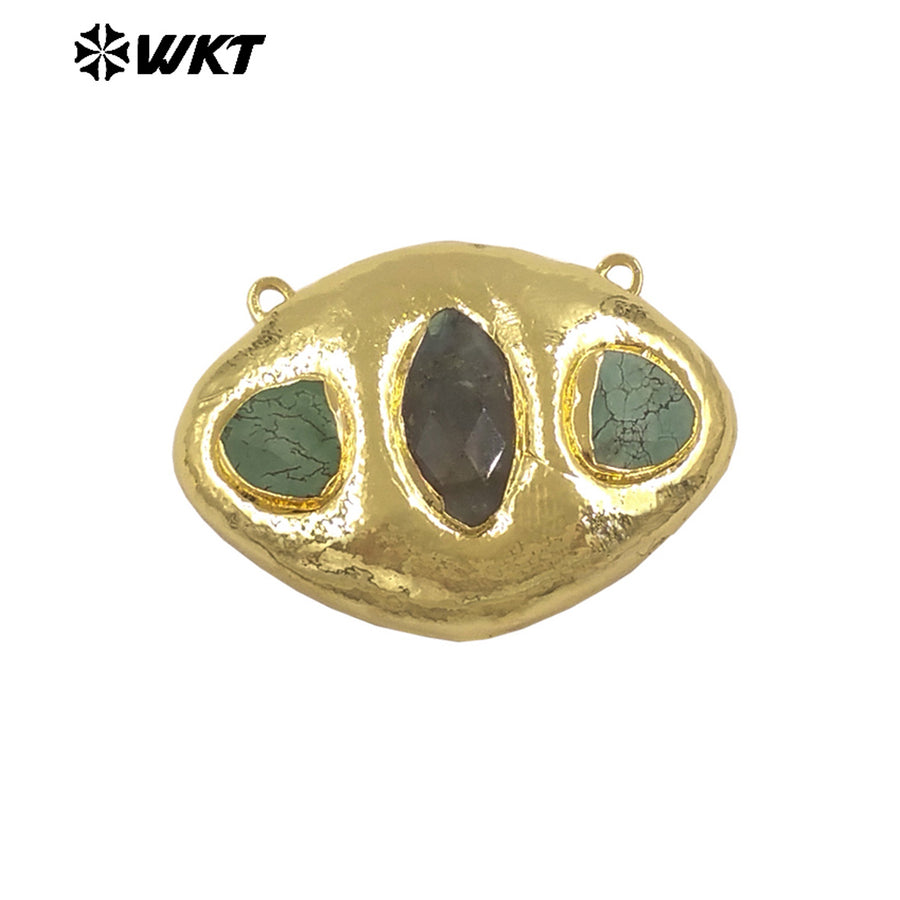 WT-C338 Wholesale Gold Electroplated Three Natural Gemstones Oval Charms Connectors With Double Hoops For Bracelets DIY Design