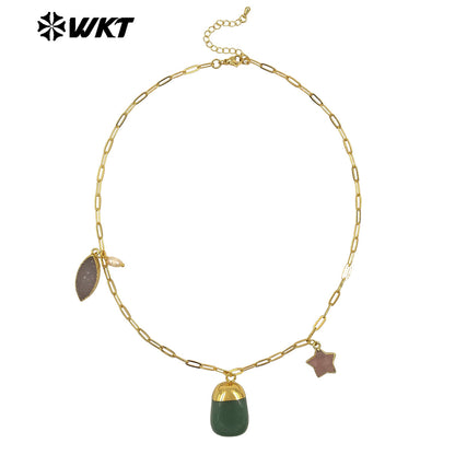 WT-N1489 Unique Design Natural Gemstones Necklace Gold Plated Chain With Three Stone Charms for Ladies Fashion Jewelry Gift