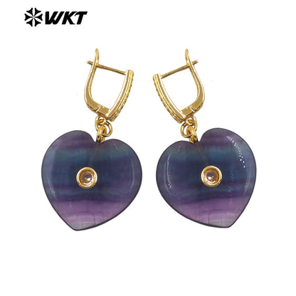 WT-E808 Lovely Gold Plated Natural Rainbow Fluorite Stone Heart Round Shape Earrings For Girlfriend Valentine's Day Gifts
