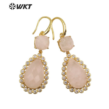 WT-E697 Wholesale Fashion Micropaved Cubic Zircon Setting Stone Earrings Attractive Long Drop Gemstone Hoop Earrings for Gift