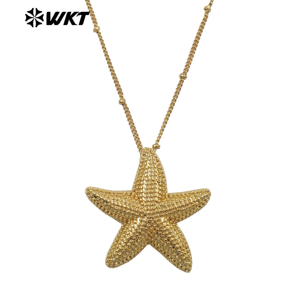 WT-N1518 Trendy Ocean Series Gold Electroplated Metal Yellow Brass Starfish Pendant Necklaces As Female Jewelry Wearing