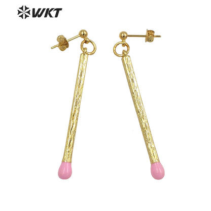 WT-E686 Fashion Simple Long Stick Sexy Earrings Candy Color 18k Real Gold Plated Straight Dangle Pendant Earrings for Party