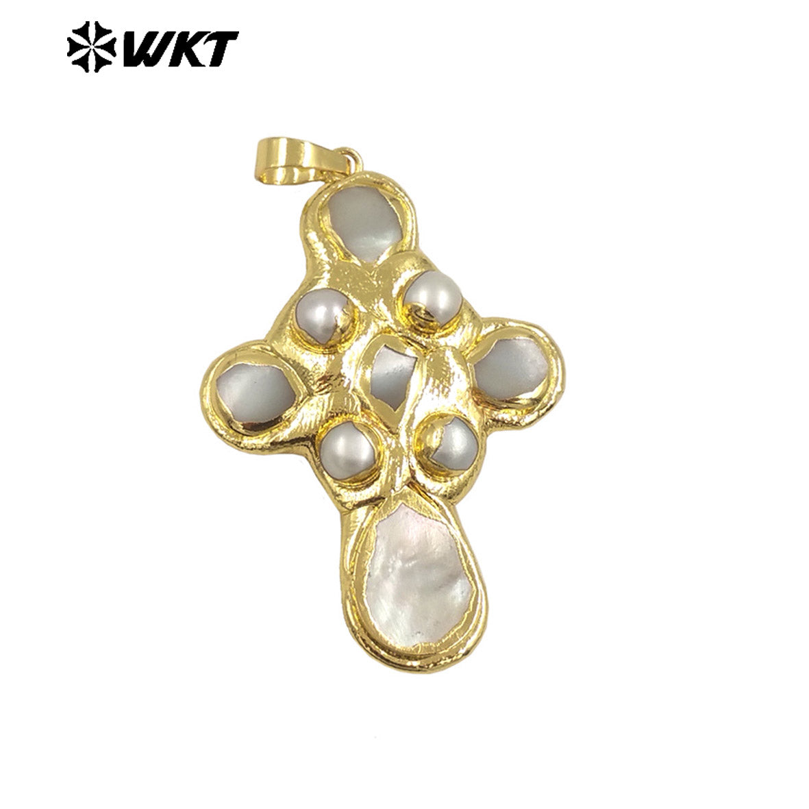 WT-JP384 Specially Designed Religious Unisexual 18K Gold Plated Cross Shaped Pearl and Turquoise Pendant As Daily Decoration