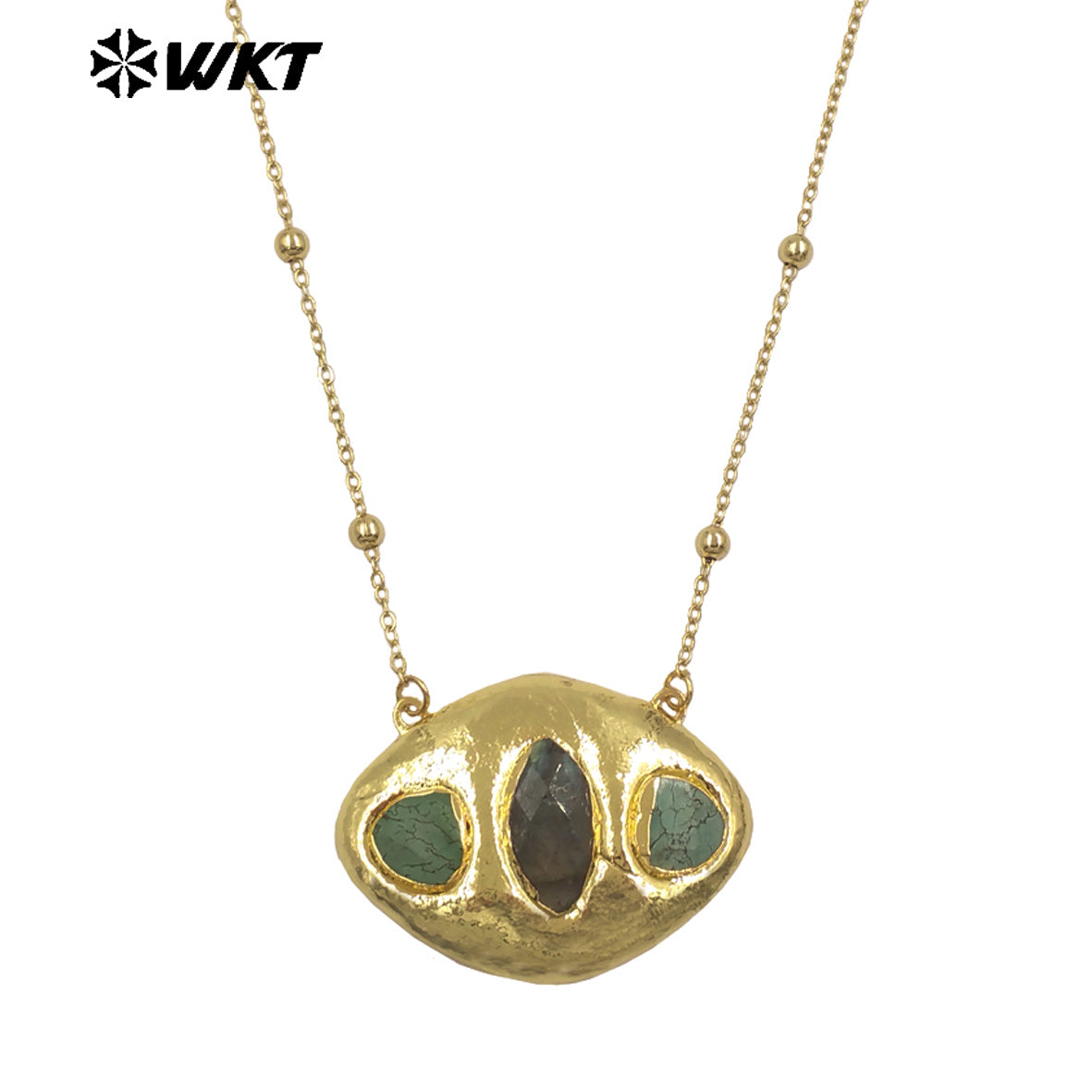 WT-N1529 Boutique 18K Gold Plated Thin Bead Chain With Three Natural Gemstones Pendant Necklaces As Women Elegant Jewelry