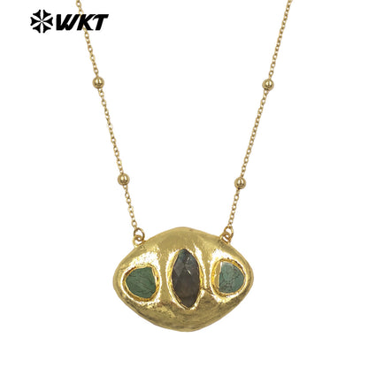 WT-N1529 Boutique 18K Gold Plated Thin Bead Chain With Three Natural Gemstones Pendant Necklaces As Women Elegant Jewelry