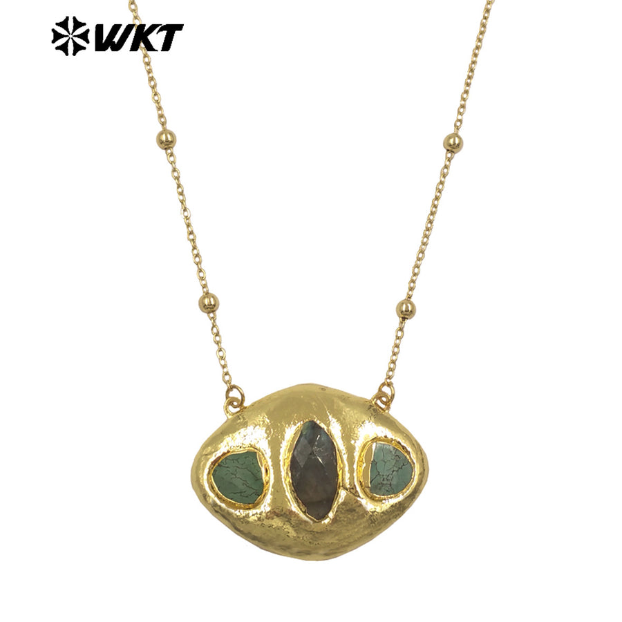 WT-N1529 Boutique 18K Gold Plated Thin Bead Chain With Three Natural Gemstones Pendant Necklaces As Women Elegant Jewelry
