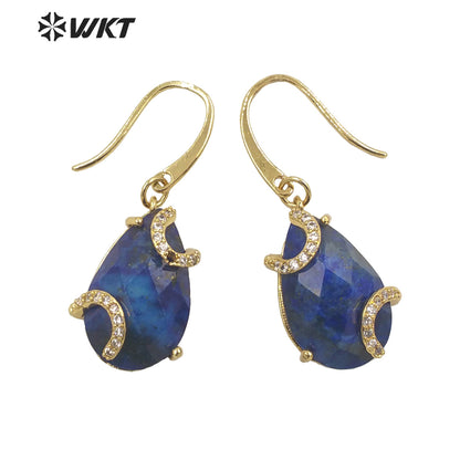 WT-E688 Wholesale Fashion Gold Prong Setting Natural Teardrop Stone Earrings Gorgeous Faceted Gemstone Micropaved Pear Earrings