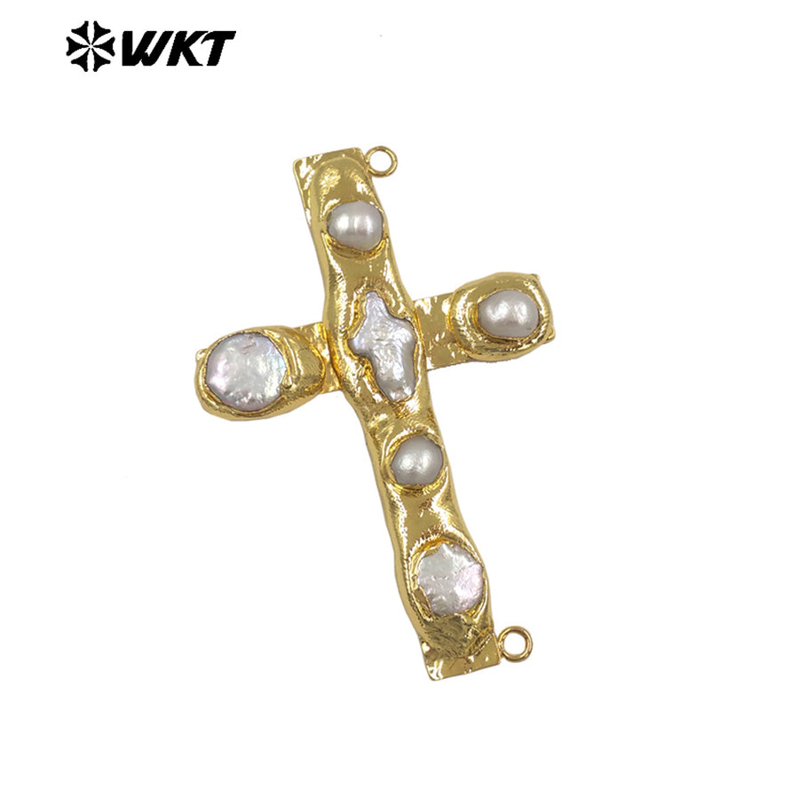 WT-PC015 The New Listing Back Full Gold Plated Natural Freshwater Pearl Cross Connector For DIY Women Necklace Jewelry