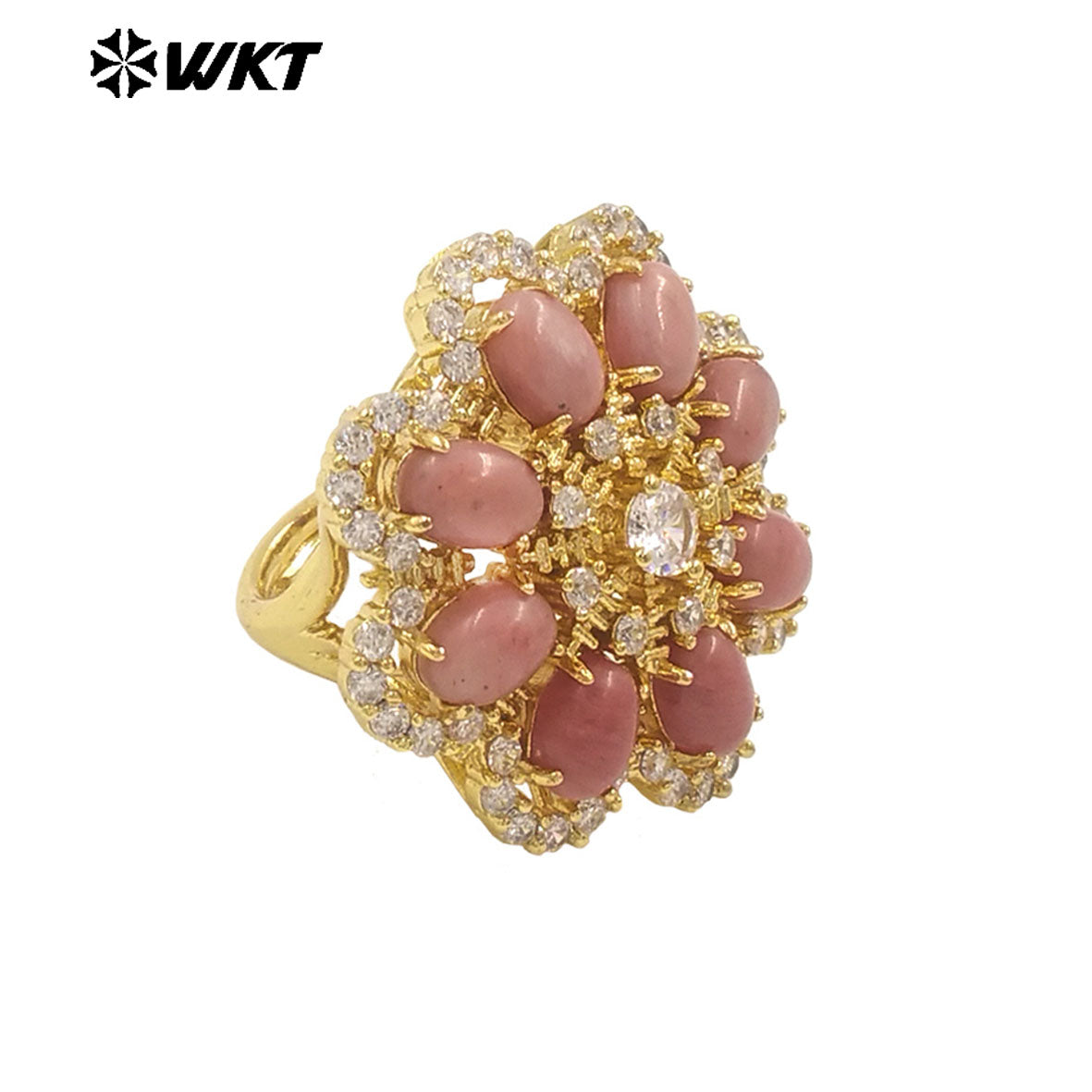 WT-R542 Wholesale Fashion Gold Micro Pave Cubic Zircon With Natural Gemstone Setting Beautiful Women Flower Ring
