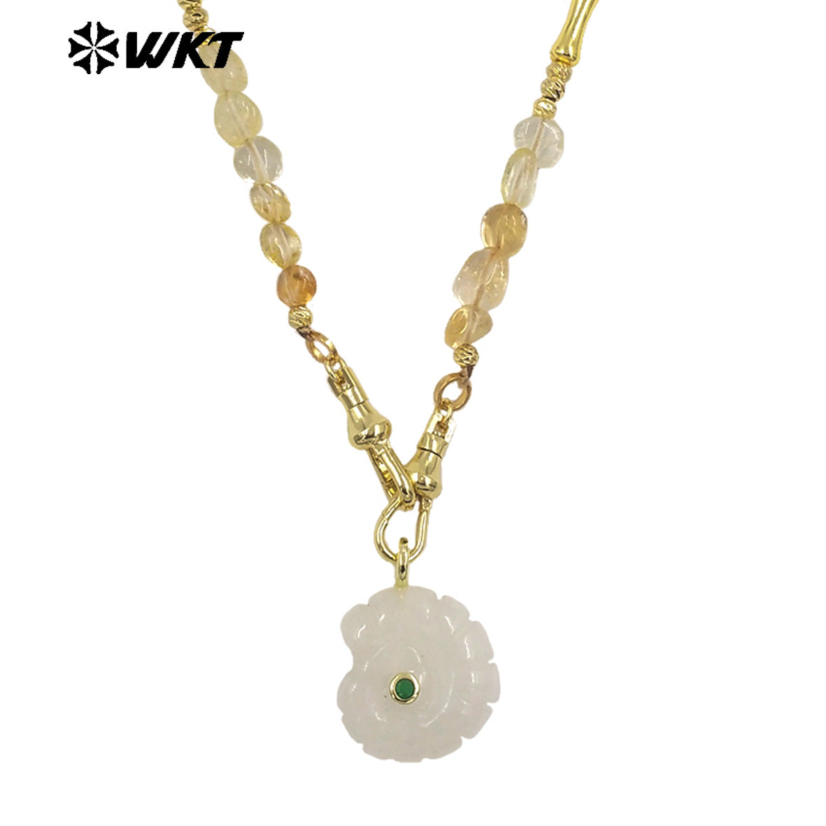 WT-N1520 Boutique Stone Beads Splicing Brass Chain With Natural Gemstones Carved Trumpet Pendant Necklaces For Friend Gift