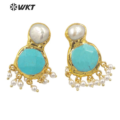 WT-MPE117 Elegant Vintage Women 18K Gold Plated Round Faceted Turquoise With Dangling Tiny Beads Pearl Earring Studs