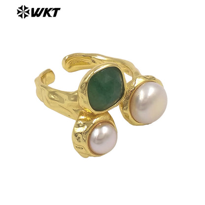 WT-MPR160 Wholesale Gold Electroplated Double Natural Freshwater Pearls And Stone Rings For Female Daily Decoration Jewelry