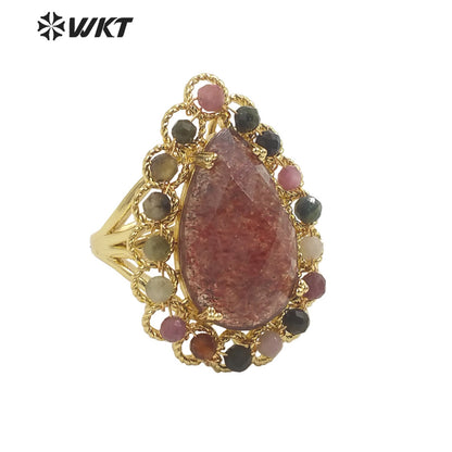 WT-R458 Gorgeous Invisible Setting Natural Teardrop Stone Ring 18k Gold Plated Precious Gemstone Drop Anniversary Ring
