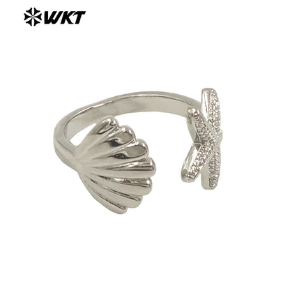 WT-R554 Sea Creative Personality 18K Gold Plated Adjustable Starfish Shell Shape Summer Ring for Hot Girls As Daily Decoration