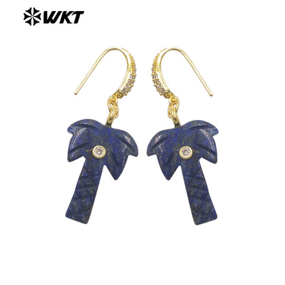 WT-E814 Beautiful Various Natural Gemstones Coconut Tree Shape Gold Pendant Earrings For Girls Summer Matching Jewelry