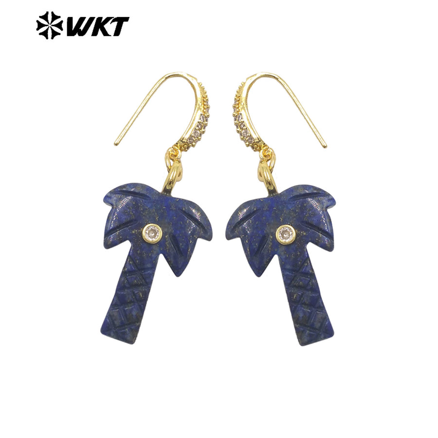 WT-E814 Beautiful Various Natural Gemstones Coconut Tree Shape Gold Pendant Earrings For Girls Summer Matching Jewelry
