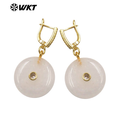 WT-E809 Fashionable Rose Quartz Various Natural Gemstones With Zircon Round Gold Earrings As Women Daily Elegant Jewelry