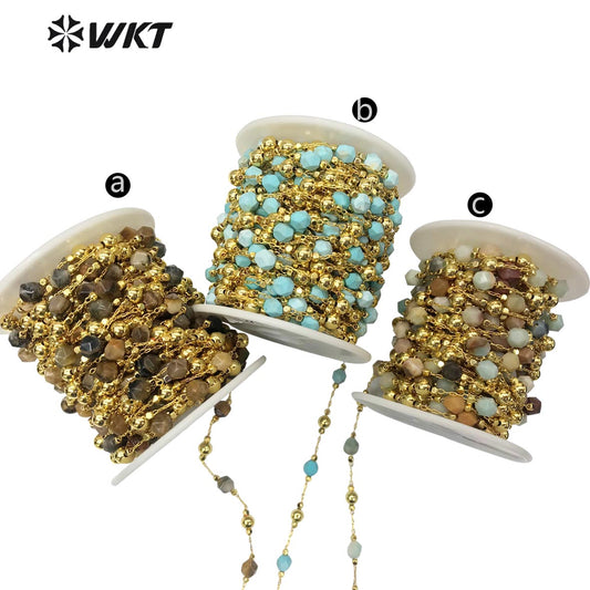 WT-RBC134 Wholesale Natural Stone Beads Chain Women Gold Plated Stone Beads Rosary Chain for Jewelry Making Jewelry Beads Chain