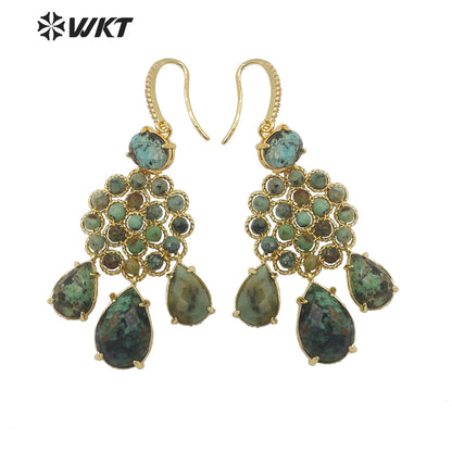 WT-E712 WKT Newest Precious Natural Gemstone Teardrop Earrings Labradorite Amethyst Stone Earrings for Party Gold Drop Earrings