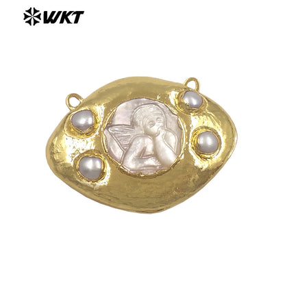 WT-PC022 High Quality Gold Plated Double Hoops Mother Of Pearl Religious Style Connector As Lady Handmade Jewelry Findings