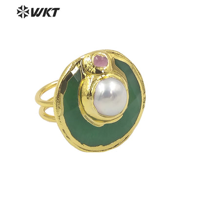 WT-R401 Natural Gemstone Lovely Fashion Cat Eye Ring with Pearl Crystal Colorful Round Ring 18k Gold-plated Women Gemstone Ring