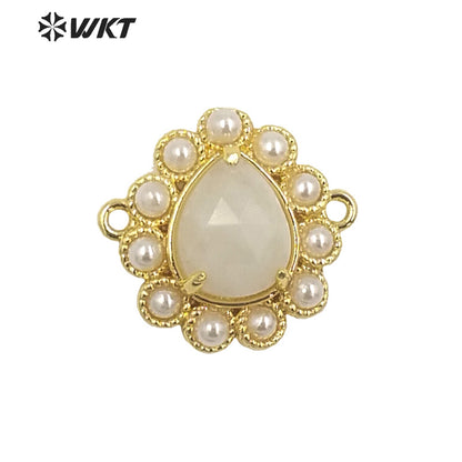 WT-PC008 Delicate Fashion 18K Real Gold Plated Resist Tarnishable Gemstone Carved Drop Pearl Connectors