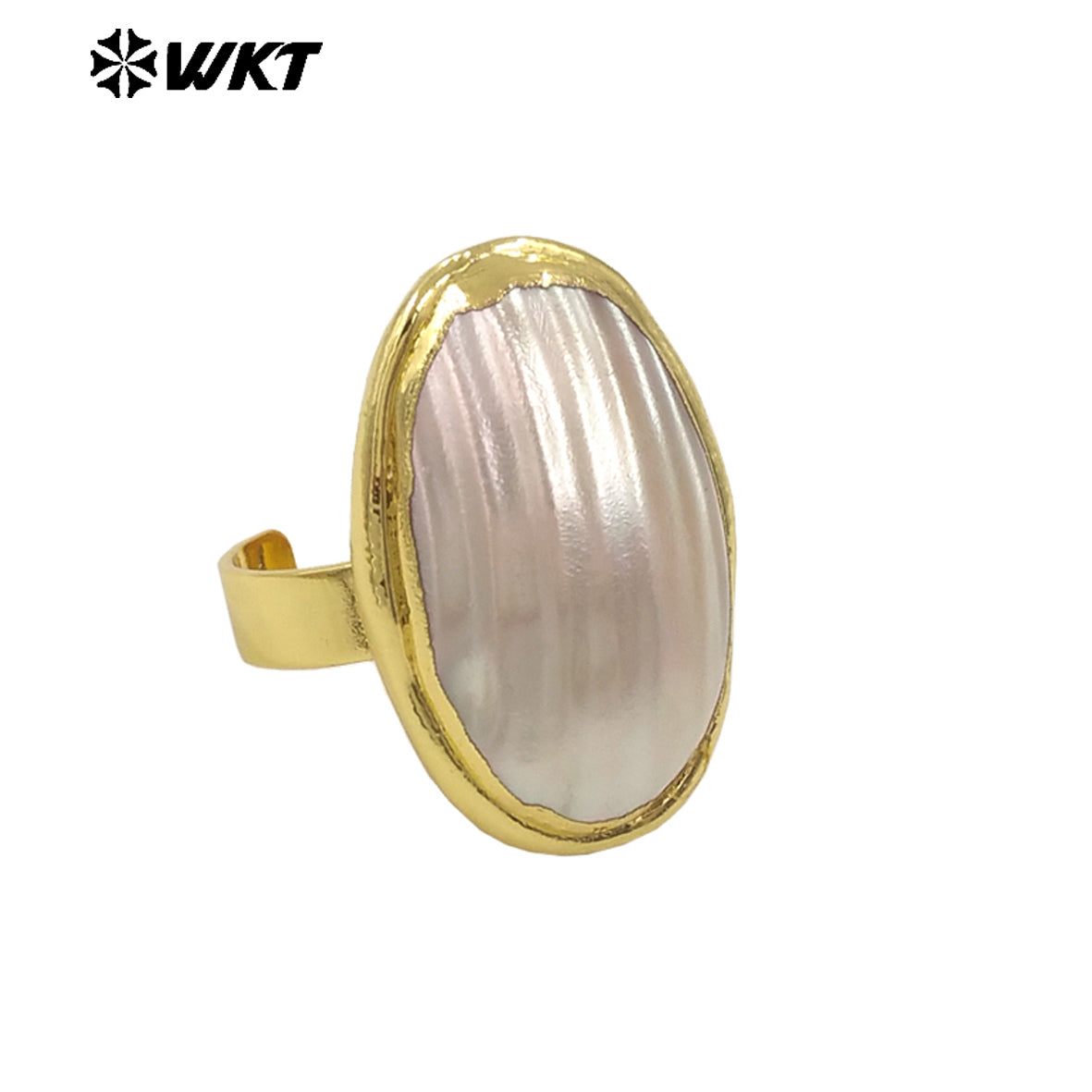 WT-MPR112 New Arrivals High Quality 18K Gold Plated Unisex Oval Adjustable Pink and White Large Mabe Shell Ring As Special Gift