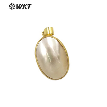 WT-JP338 Wholesale Fashion Gold Bezel Brightly Natural Mabe Shell Pendant Long Oval pink Shell Jewelry Pendant for Friend Gift