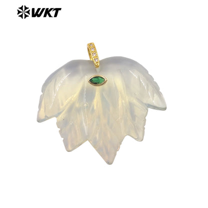 WT-P2136 Delicate Fashion Zircon And Natural Gemstones Carved Leaf Shape Gold Pendants For Lady Handmade Necklace Design
