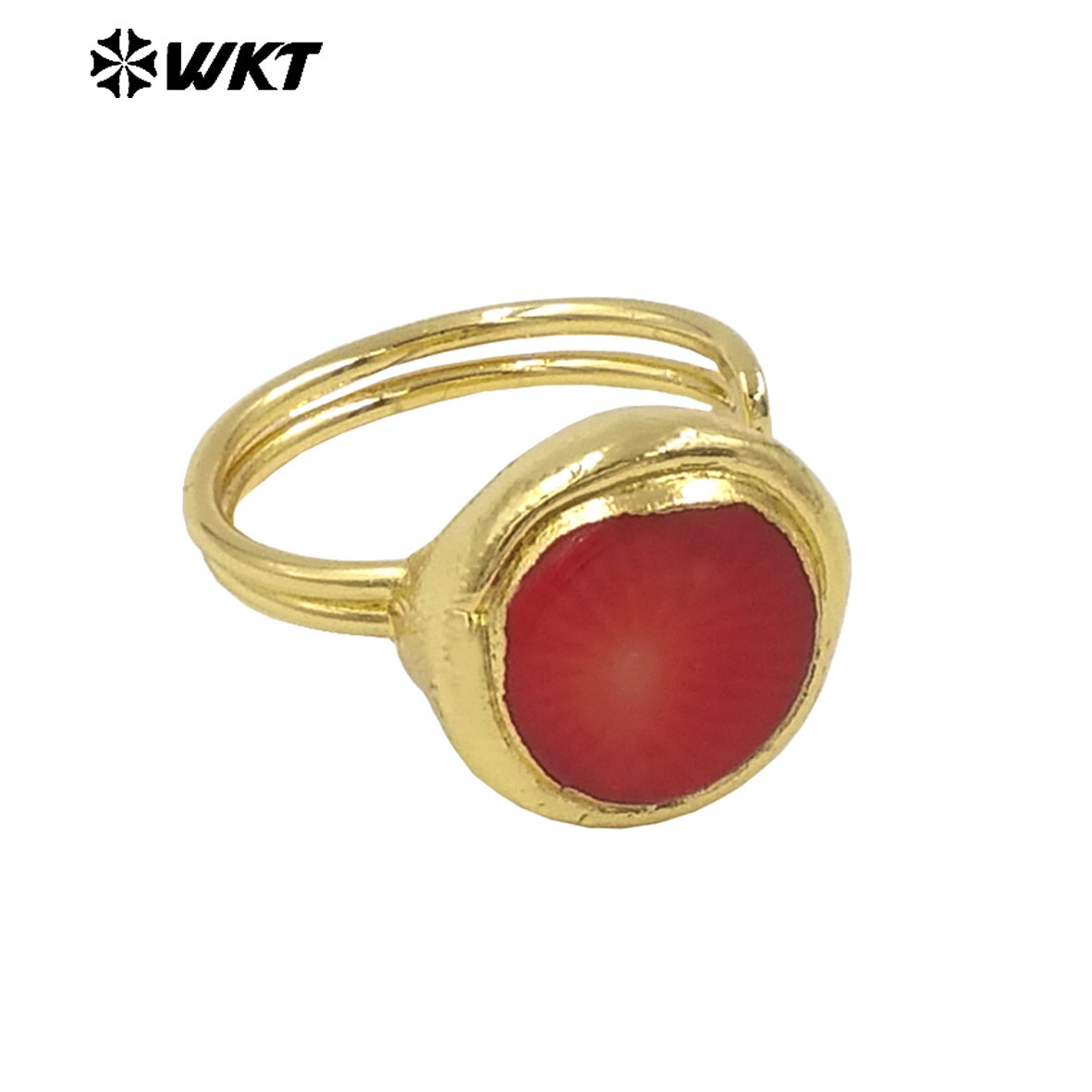 WT-R556 Wholesale 18K Gold Plated Round Red Coral and Black Labradorite Open Size Unisex Ring for Friends As Birthday Gifts