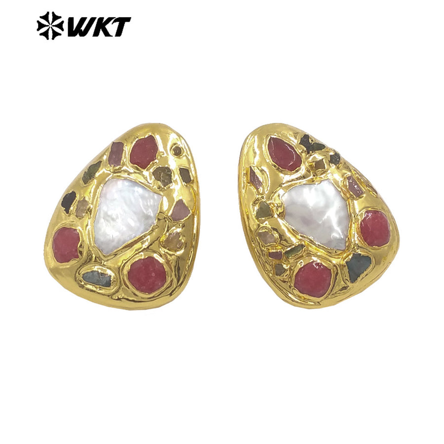 WT-MPE165 Vintage Style Wholesale Women Jewelry Gorgeous Gold Plated Small Tourmaline Stone Around Shell Multi Colors Earrings