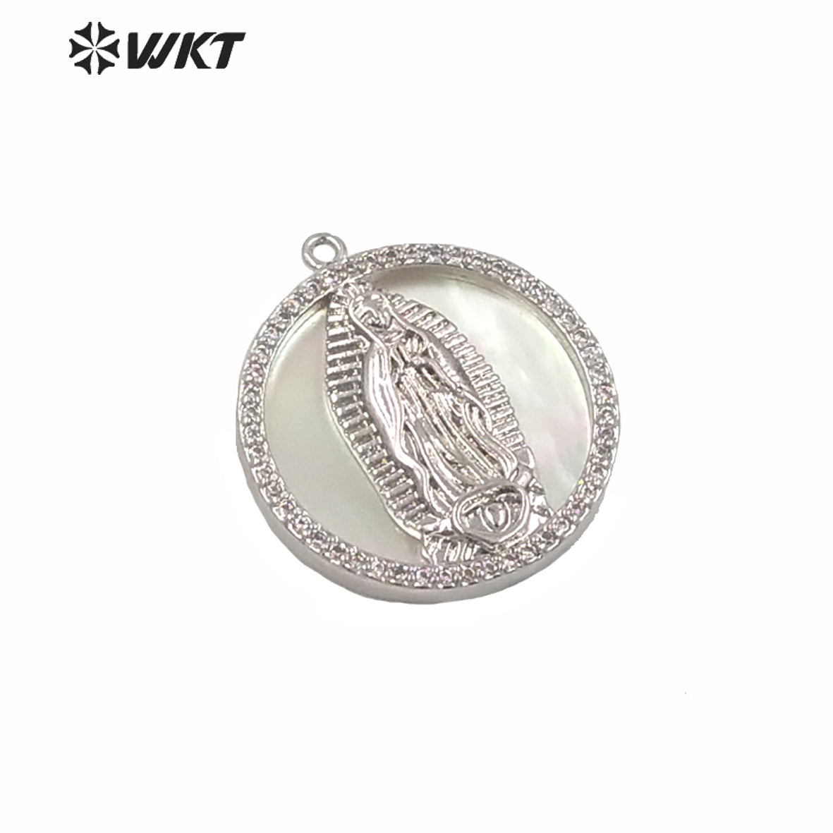 WT-MP144 WKT New Small Size White MOP Shell Virgin Mary Religious Pendant Hot Gold Electroplated Round Coin Mary Pendant