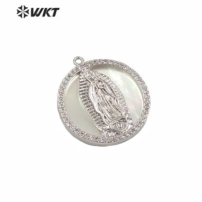WT-MP144 WKT New Small Size White MOP Shell Virgin Mary Religious Pendant Hot Gold Electroplated Round Coin Mary Pendant
