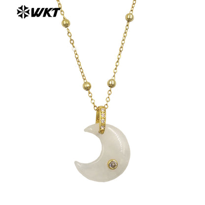 WT-N1530 Factory Wholesale Multiple Natural Gemstones Moon Shape Gold Little Pendants Necklaces For Lady Birthday Gifts