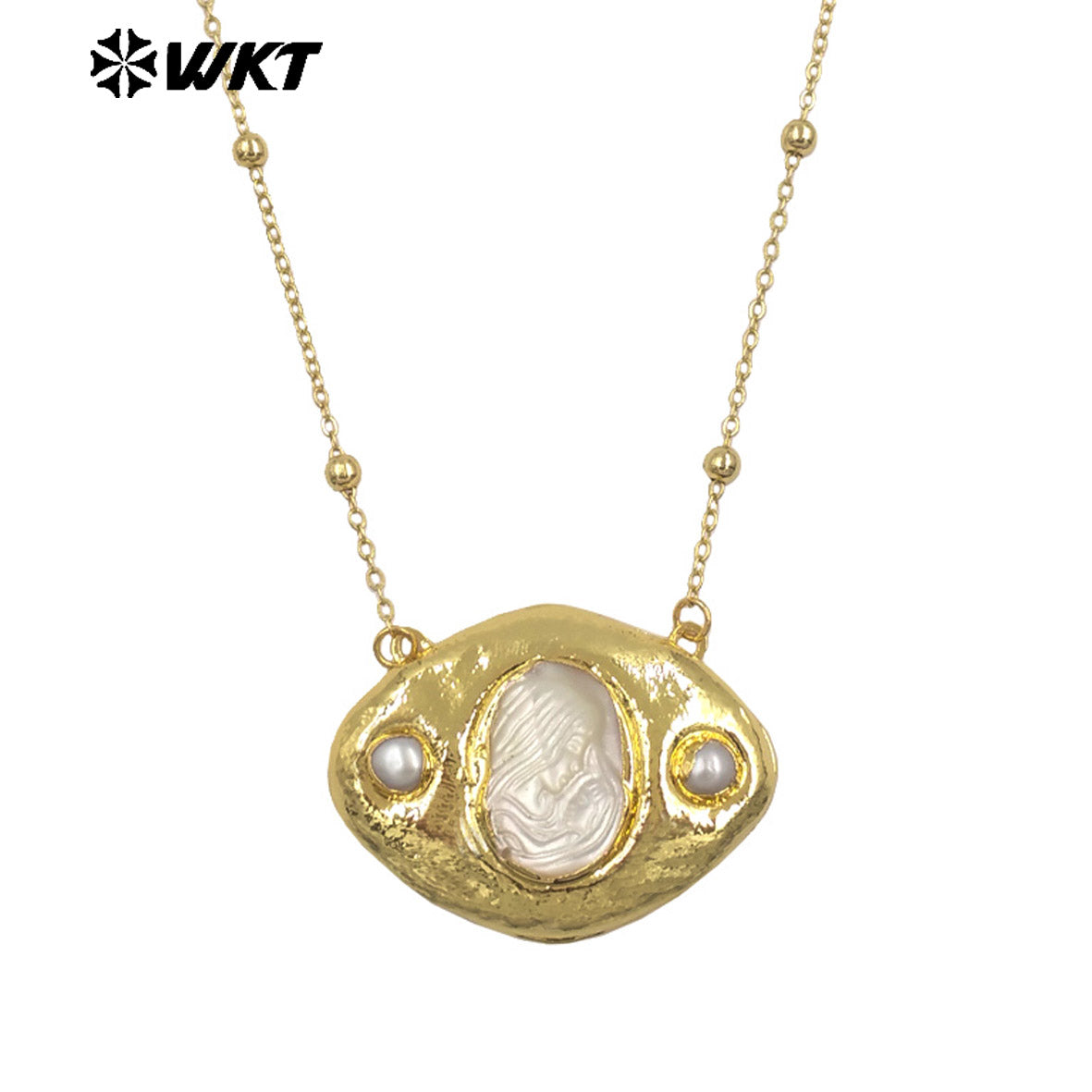 WT-JN388 Factory Wholesale Gold Plated Chain With Religious Style Mother Of Pearl Pendant Necklace For Women Unique Jewelry