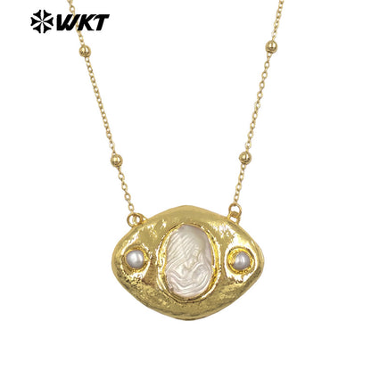 WT-JN388 Factory Wholesale Gold Plated Chain With Religious Style Mother Of Pearl Pendant Necklace For Women Unique Jewelry