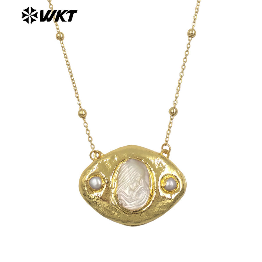 WT-JN388 Factory Wholesale Gold Plated Chain With Religious Style Mother Of Pearl Pendant Necklace For Women Unique Jewelry
