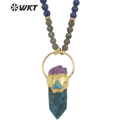 WT-N1337 WKT Powerful Energy Cylinder Shape Blue Apatite Amazonite Mix With Amethyst Long Beads Necklace Gemstones Beads Chain